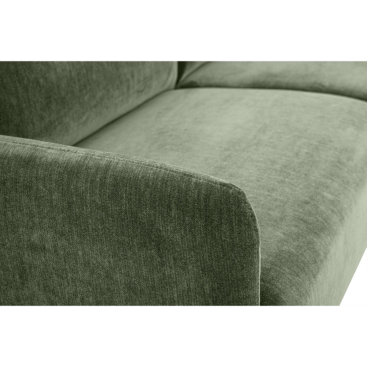 Canapé design 3 places en tissu effet velours vert kaki et bois clair BONO