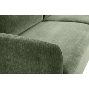 Canapé design 3 places en tissu effet velours vert kaki et bois clair BONO