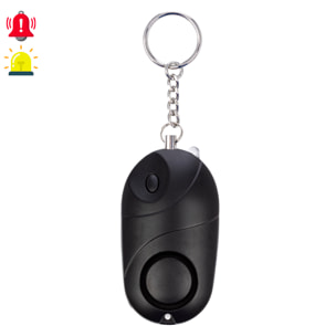 Alarma SOS personal con luz LED brillante y sonido de 130dB. 3x pilas LR44 incluidas y activación rápida por tirón de anilla.