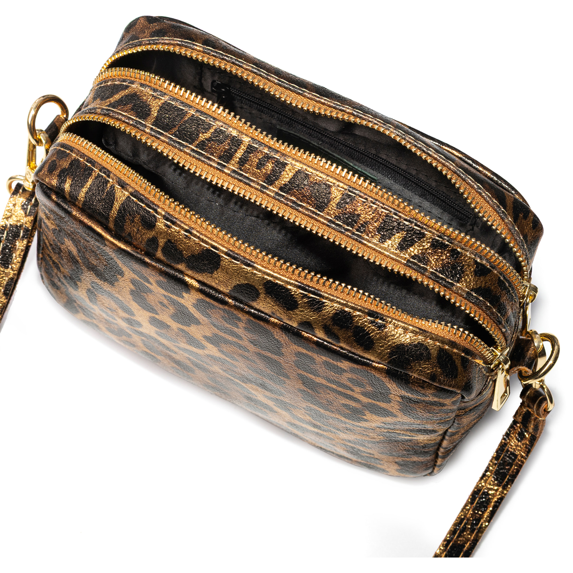 Degna borsa a tracolla donna. Pelle scamosciata autentica con stampa animalier leopardata e finitura lucida.