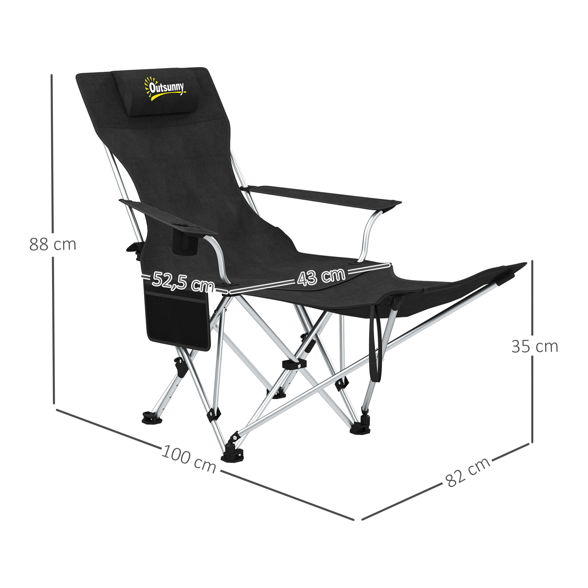 Conjunto de 2 Sillas Plegables Camping Tumbonas Camping Portátiles con Reposapiés Desmontable Reposacabezas Portavasos y Bolsa Lateral Carga 120 kg para Jardín Playa Pesca Negro