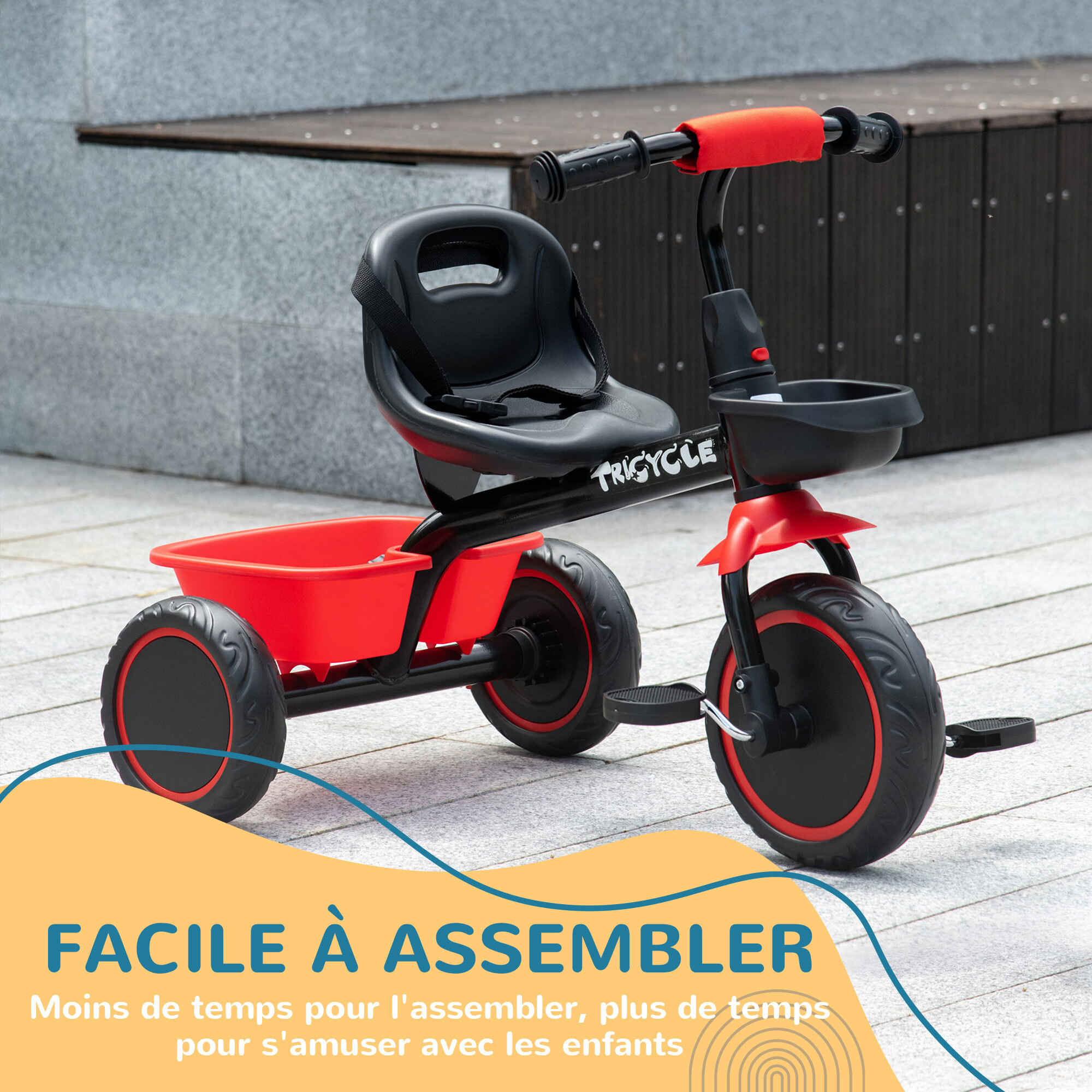 Tricycle pour enfant évolutif avec siège réglable - pédales - 2 paniers - ceinture - pour enfant de 2 à 5 ans - rouge et noir