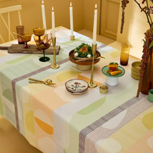 Nappe pur coton enduit 205 g/m² motif jacquard vert orange Mille galets terre cuite