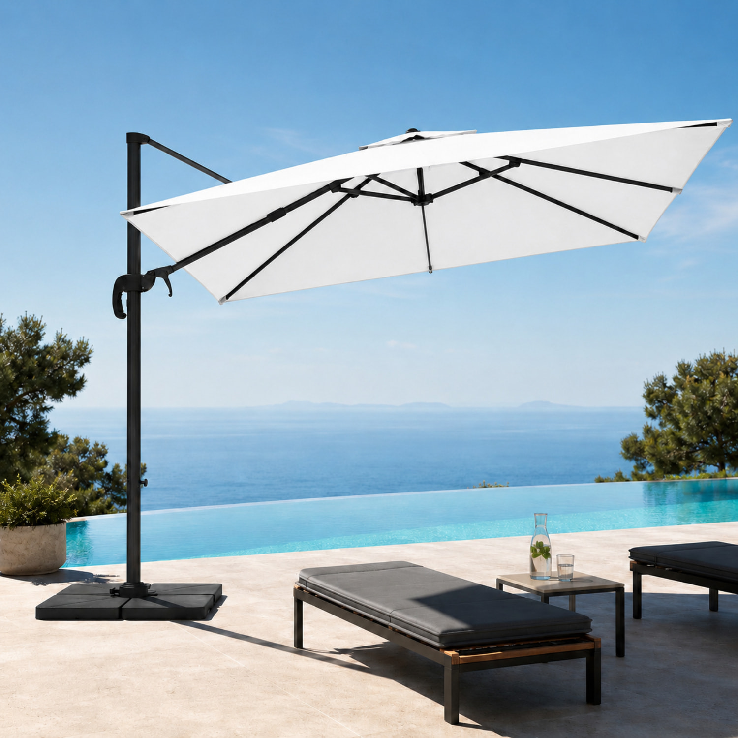 Ombrellone 3x3 M Giardino Braccio Retrattile Esterni Piscina Gazebo Terrazze Bar Hotel Acciaio Inox Rotabile 360° Telo 180g Impermeabile Anti UV Panna