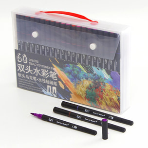 Set 60 Rotuladores color DUAL ART BLACK LINE doble punta, punta fina 0,4 mms y punta pincel acuarelable profesional. Forma triángular ergonómica para lettering, caligrafía, ilustraciones…