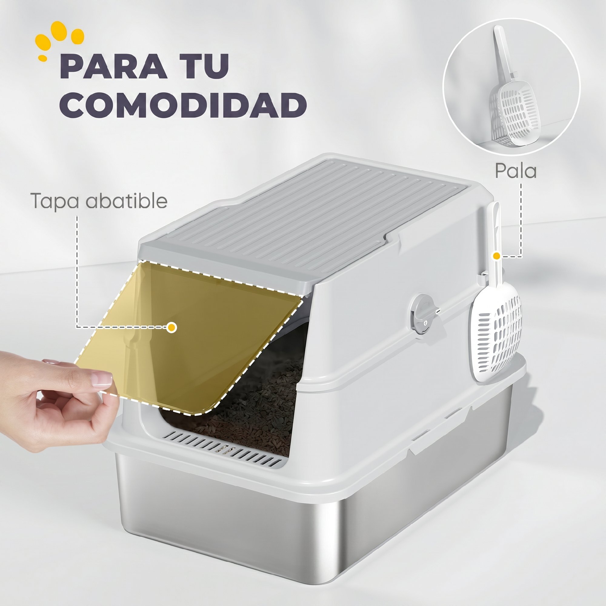PawHut Arenero para Gatos de Acero Inoxidable XL, Caja de Arena Cerrada para Gatos Grandes, Arenero Extragrande con Tapa Abatible, Borde Alto, Pala, Fácil de Limpiar, Antifugas, Gris Claro