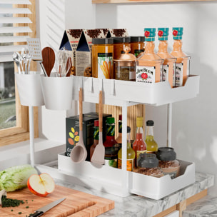 Organizador deslizable de 2 niveles, ideal para maximizar el espacio, con 4 ganchos y 2 cestas.