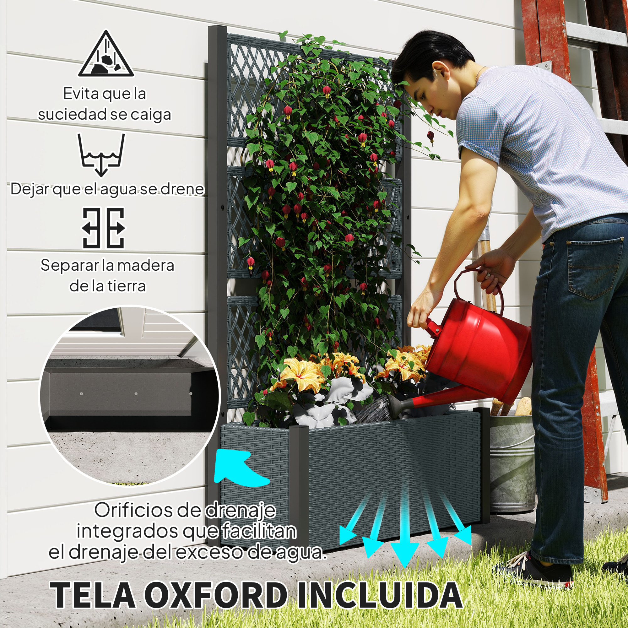 Jardinera con Enrejado de Ratán, Jardinera Exterior Grande para Plantas Trepadoras, Maceta con Forro, para Jardín, Patio, Terraza, 90x35x148 cm, Gris Oscuro