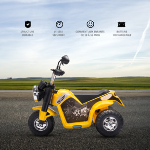 Moto électrique enfant chopper tout-terrain  6 V 20 W marche AV AR 3 roues effets lumineux et sonores jaune noir