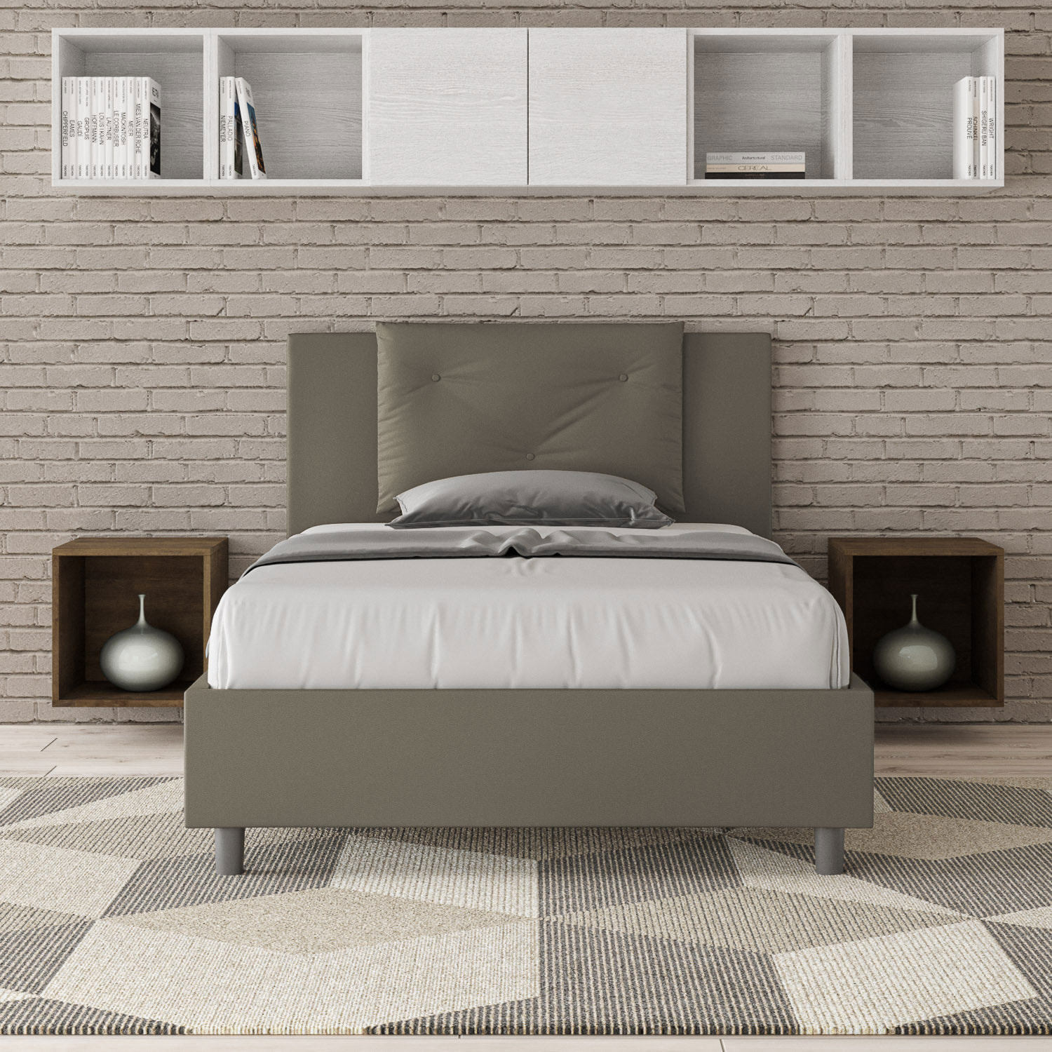 Letto una piazza e mezza contenitore imbottito 120x190 similpelle cappuccino Appia