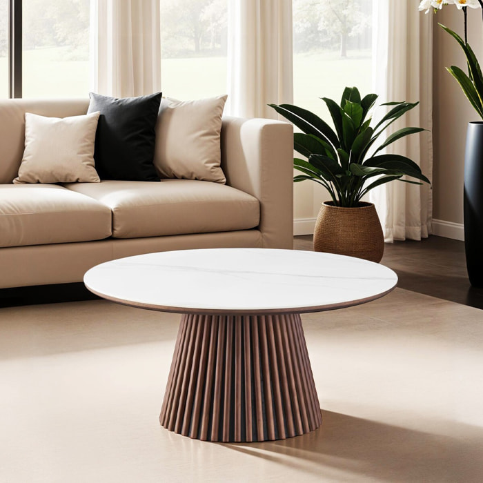 Table basse ronde plateau en céramique bicolore piètement cannelé - ADA