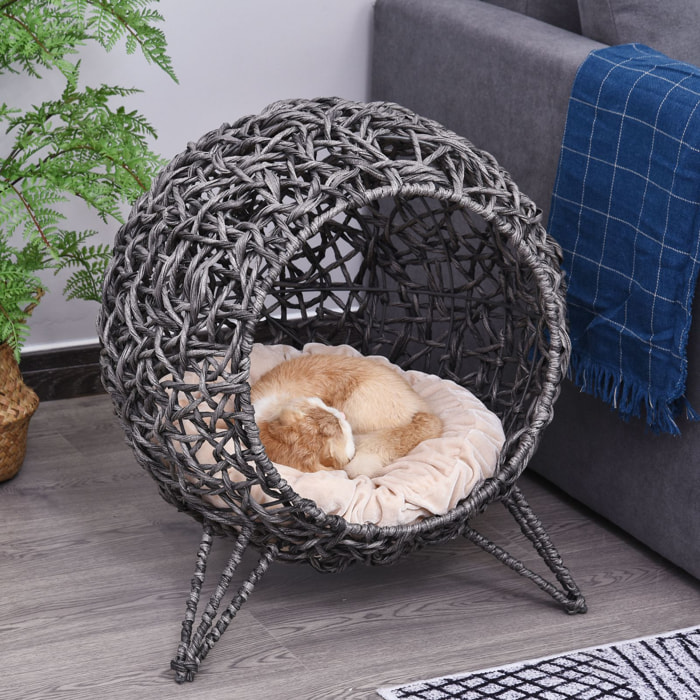 PawHut Panier chat lit chat cosy grand confort dim. Ø 52 x 58H cm coussin moelleux beige inclus résine tressée imitation rotin gris