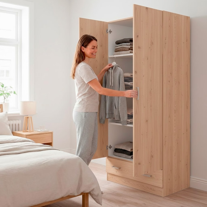 Armadio Con 2 Ante E 1 Cassetto Multiuso Armadietto Design Moderno Salvaspazio Con Ripiani Interni E Vano Contenitore 79.4 x 35.7 x 170.4 Cm Rovere