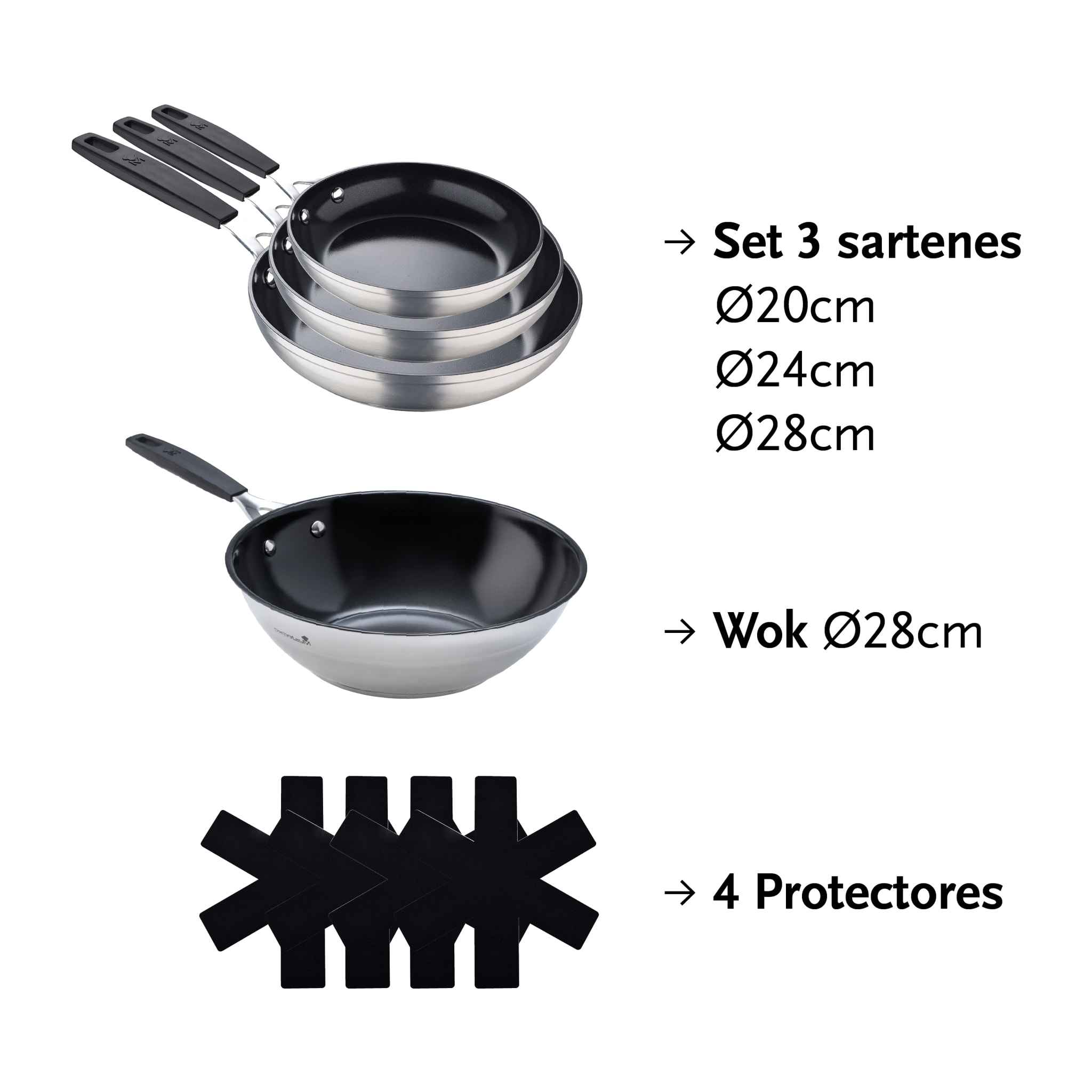 MASTERPRO| SET COMPUESTO POR 3 SARTENES DE 20CM, 24CM Y 28CM SMART + PROTECTOR + WOK 28CM