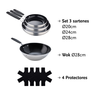 MASTERPRO| SET COMPUESTO POR 3 SARTENES DE 20CM, 24CM Y 28CM SMART + PROTECTOR + WOK 28CM