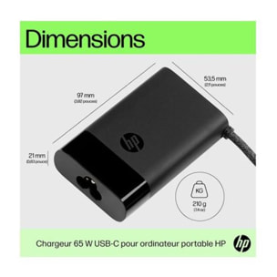 Chargeur ordinateur portable HP PC 65W noir mat compact USB-C EU