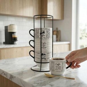 Set 4 Tazze da Caffè con Supporto in metallo, porcellana New Bone China, Manico Ergonomico, Intrecci.