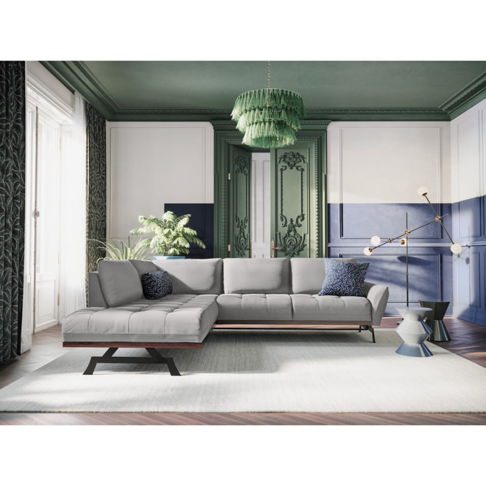 Canapé d'angle gauche convertible "Olivier" 5 places en tissu structurel gris clair