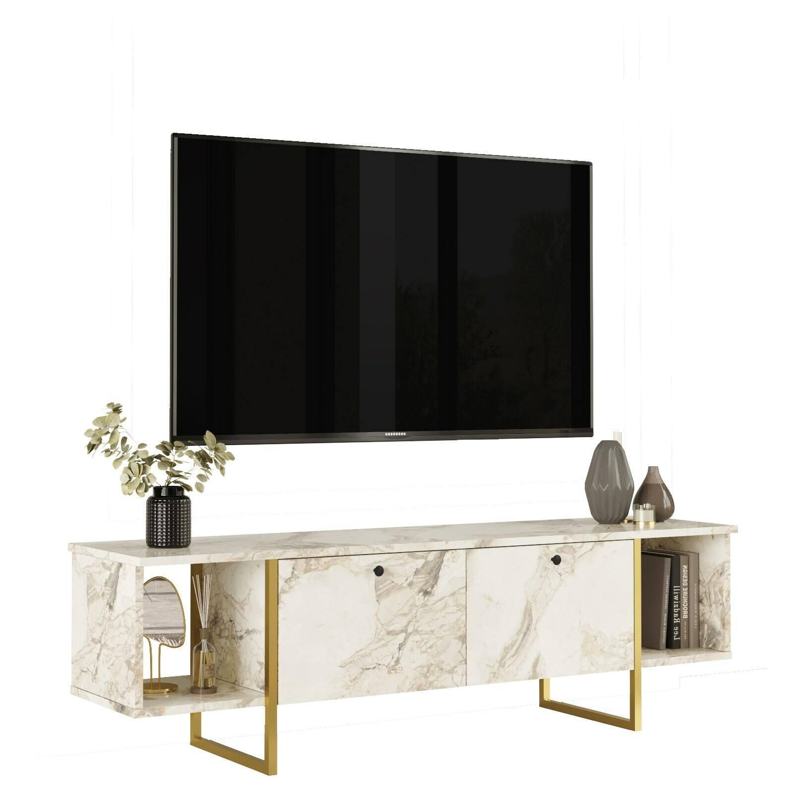 Mobile porta TV Dflorian, Credenza da soggiorno, Armadio basso per TV, Base parete attrezzata, 160x40h48 cm, Bianco e Oro