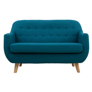 Canapé scandinave déhoussable 2 places en tissu bleu canard et bois clair YNOK