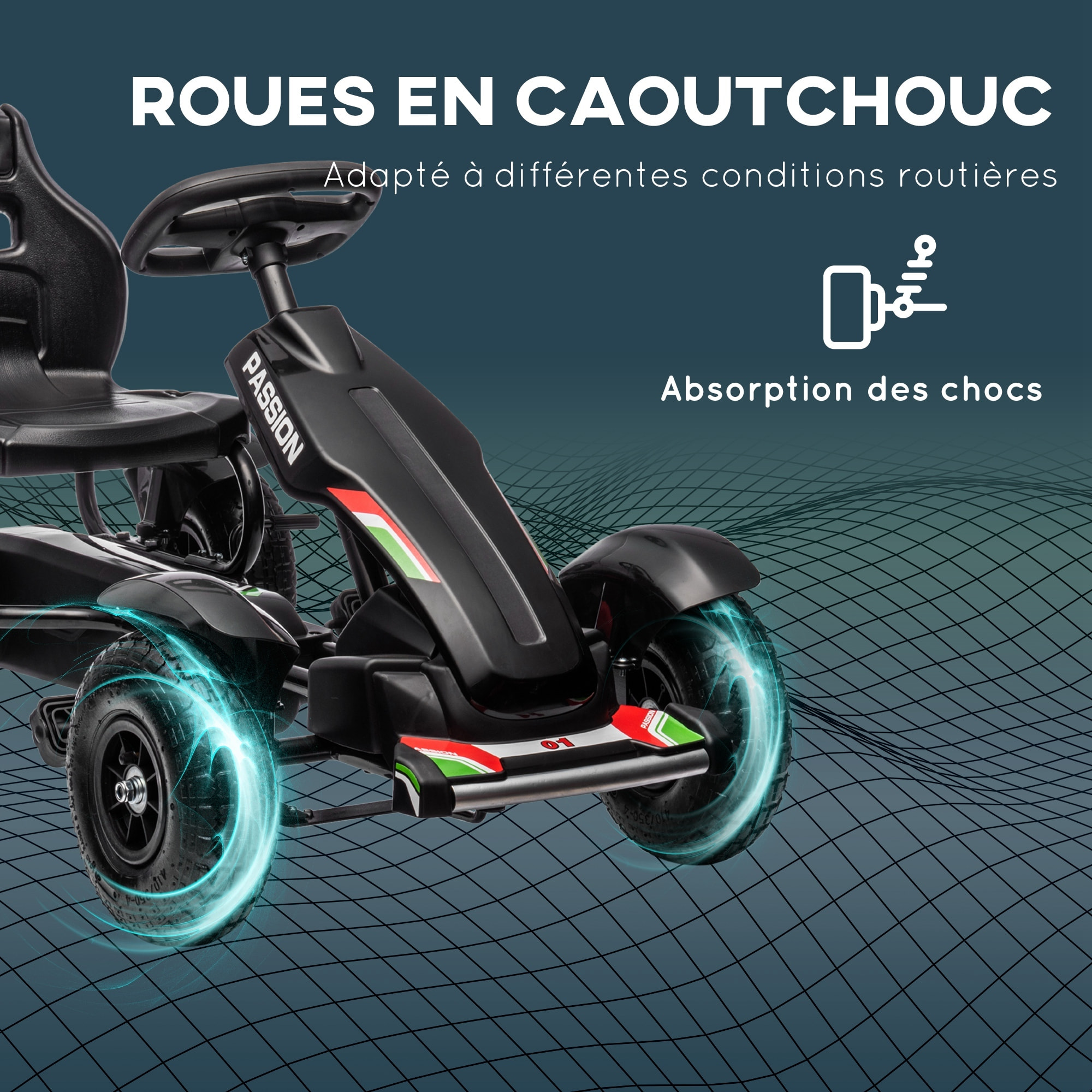 Kart à pédales enfant Go kart Formule 1 Racing passione italia pneus gonflables caoutchouc noir