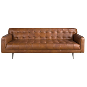 Sofá Chester de 3 plazas tapizado en piel de origen vacuno en marrón oscuro patas de acero inoxidable oscurecido 212x79x70cm