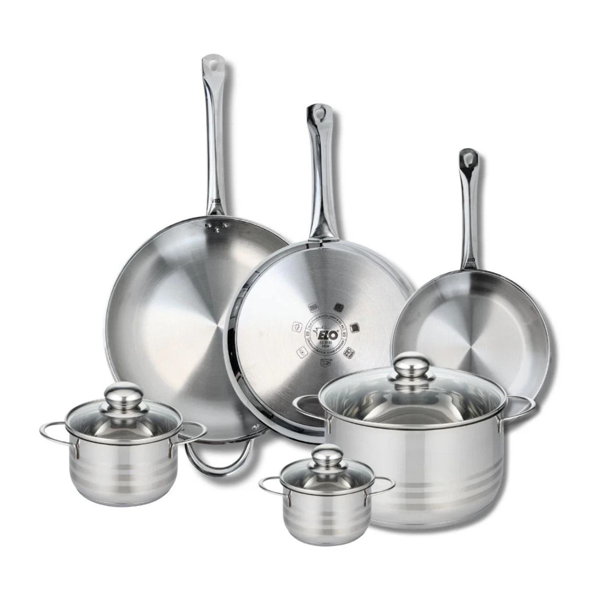 Ensemble de 3 Poêles de cuisson 24, 28 et 32 cm et 3 faitouts 12, 14 et 24 cm Elo Profi Brillant