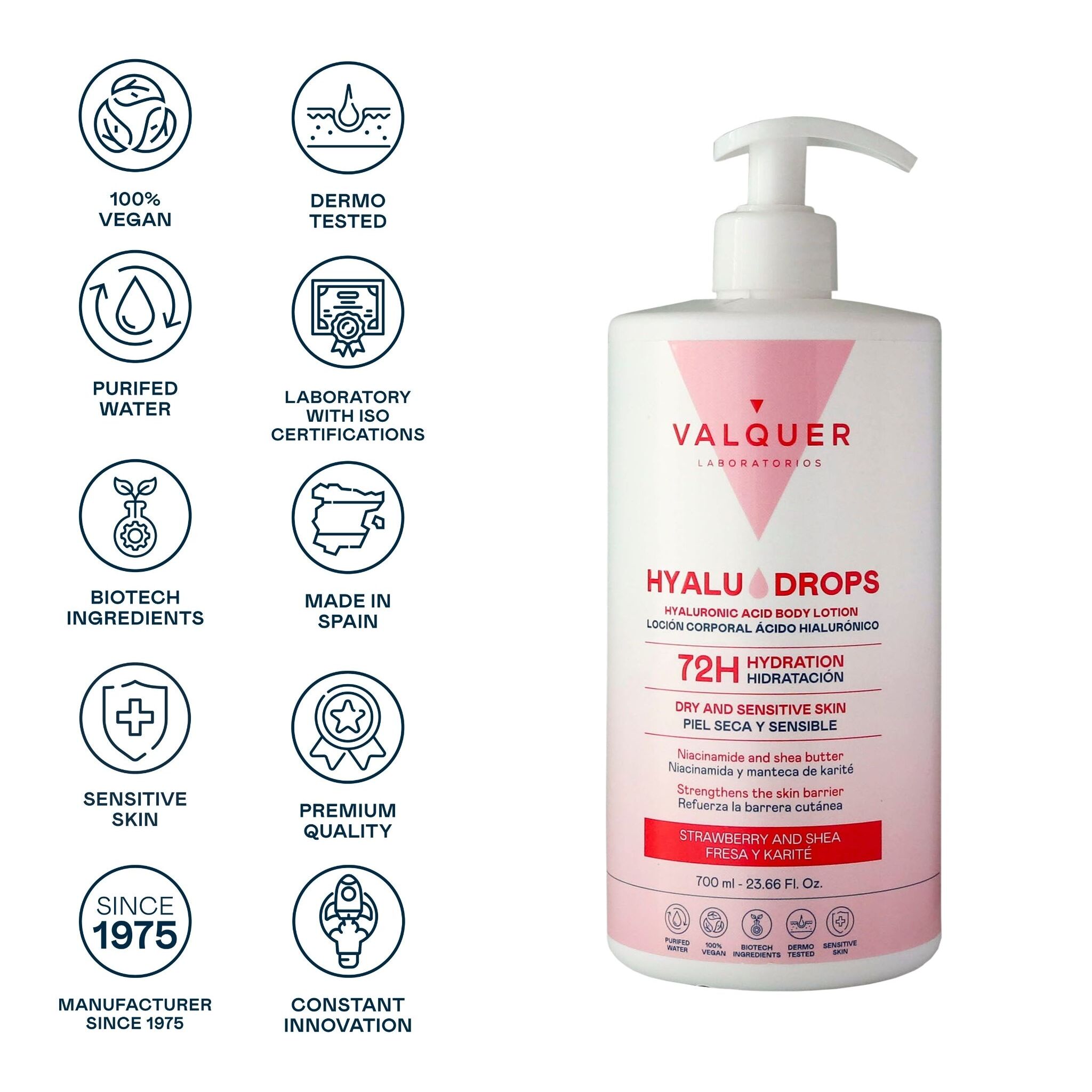 Valquer Hyaludrops Loción Corporal Fresa y Karité – Hidratación 72H - 700 ml