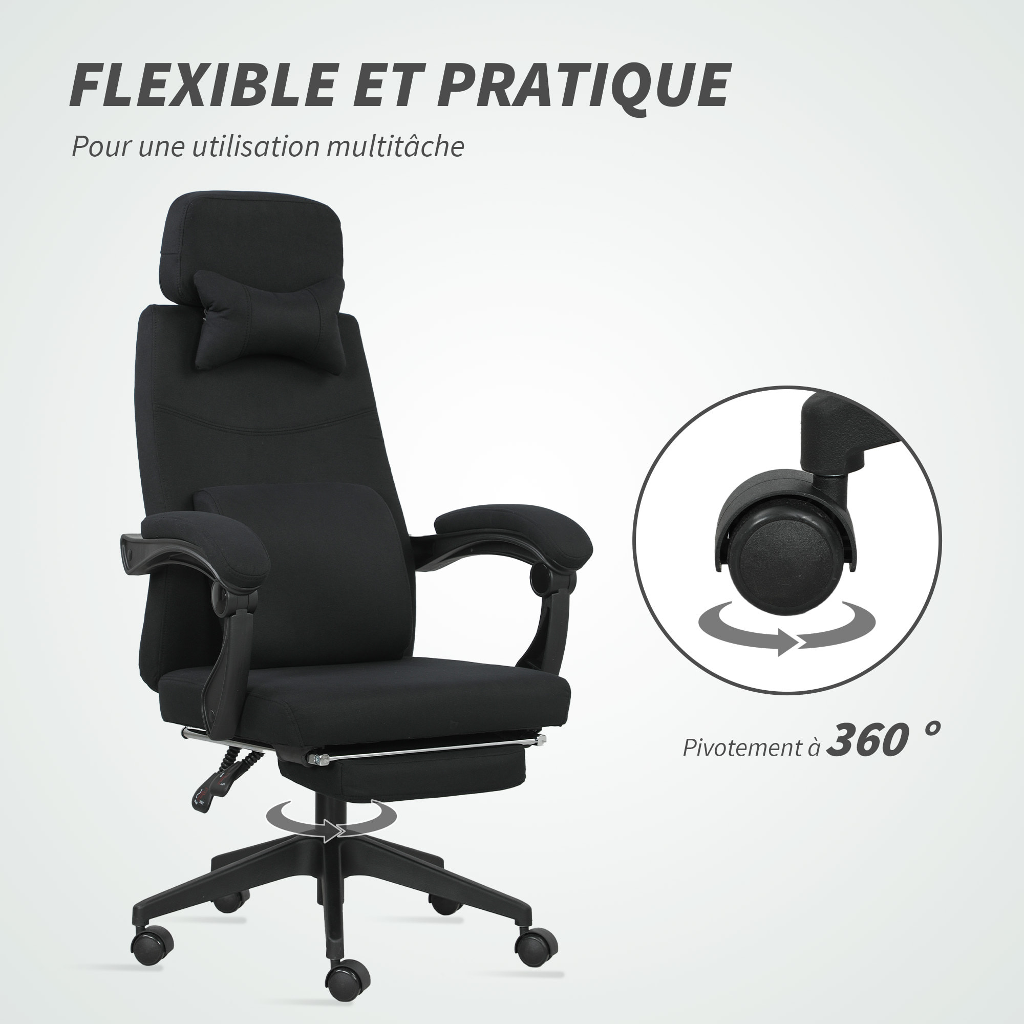 Fauteuil de bureau manager grand confort dossier réglable repose-pied coussin lombaire roulettes 360° lin 62L x 68P x 127H cm noir
