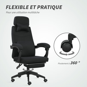 Fauteuil de bureau manager grand confort dossier réglable repose-pied coussin lombaire roulettes 360° lin 62L x 68P x 127H cm noir