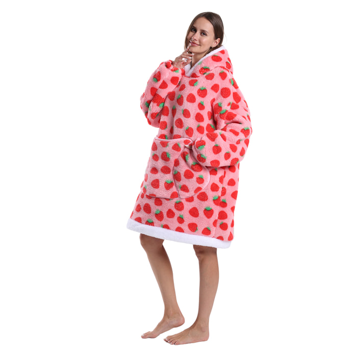 Bata stile felpa e coperta in pile extra morbido. Triplo taschino frontale tipo kangaroo. Design fragole tipo corto.