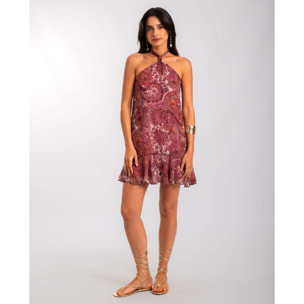 Vestido estampado con lazada al cuello y espalda descubierta