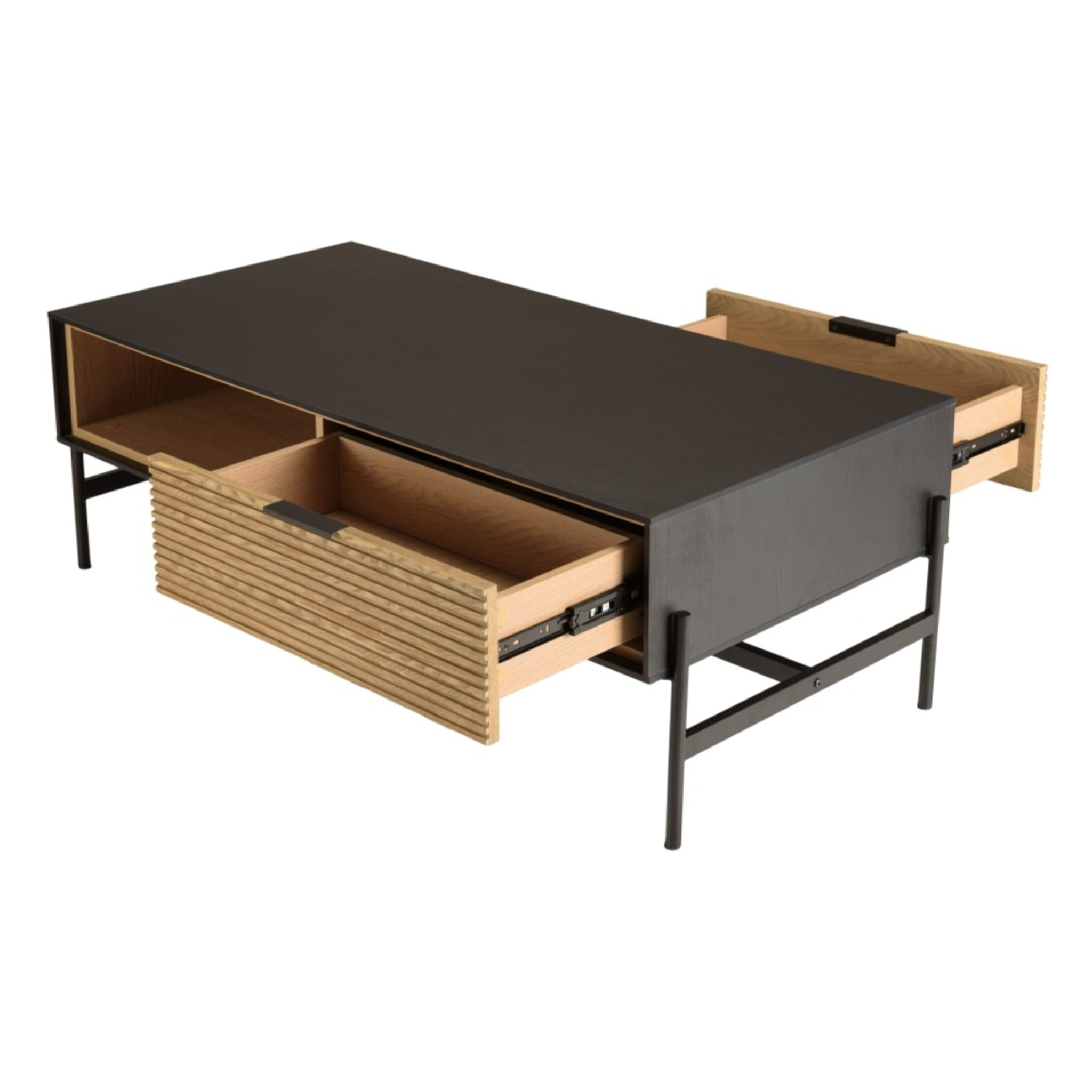 CHARLIE - Table basse marron et noire 2 tiroirs 1 niche Pin pieds métal