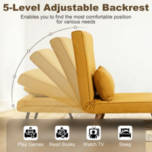 Sofá Cama Individual 3 en 1, Sillón Cama Plegable con Respaldo Ajustable en 5 Posiciones, Asiento Amplio, Almohada Acolchada, Patas de Madera, 72x75x85 cm, Amarillo