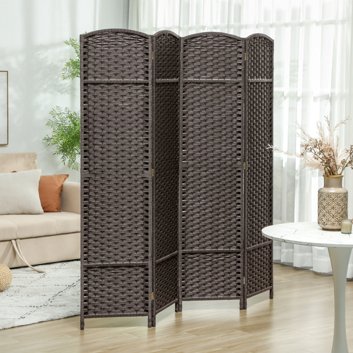 Paravent intérieur pliable 4 panneaux 160 x 170 cm - séparateur de pièce finition tressée - PP  bois pin brun