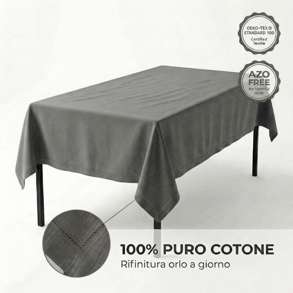Tovaglia in cotone ajour elegante e versatile, tessuto morbido e resistente, ideale per tavola quotidiana e occasioni formali, design raffinato e discreto, facile da lavare e stirare, certificata sicura per uso domestico