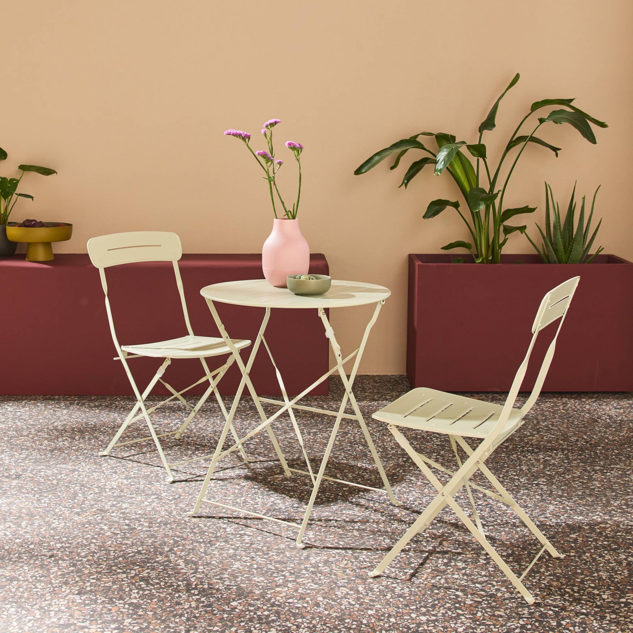 Table de jardin bistrot pliante ronde acier + 2 assises BALCONEA