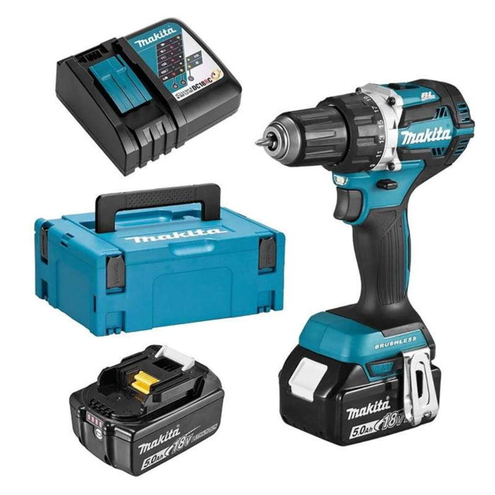 Perceuse visseuse 18V Ø 13 mm - MAKITA - Avec 2 batteries 18V Li-Ion 5.0 Ah, chargeur, MakPak- DDF484RTJ