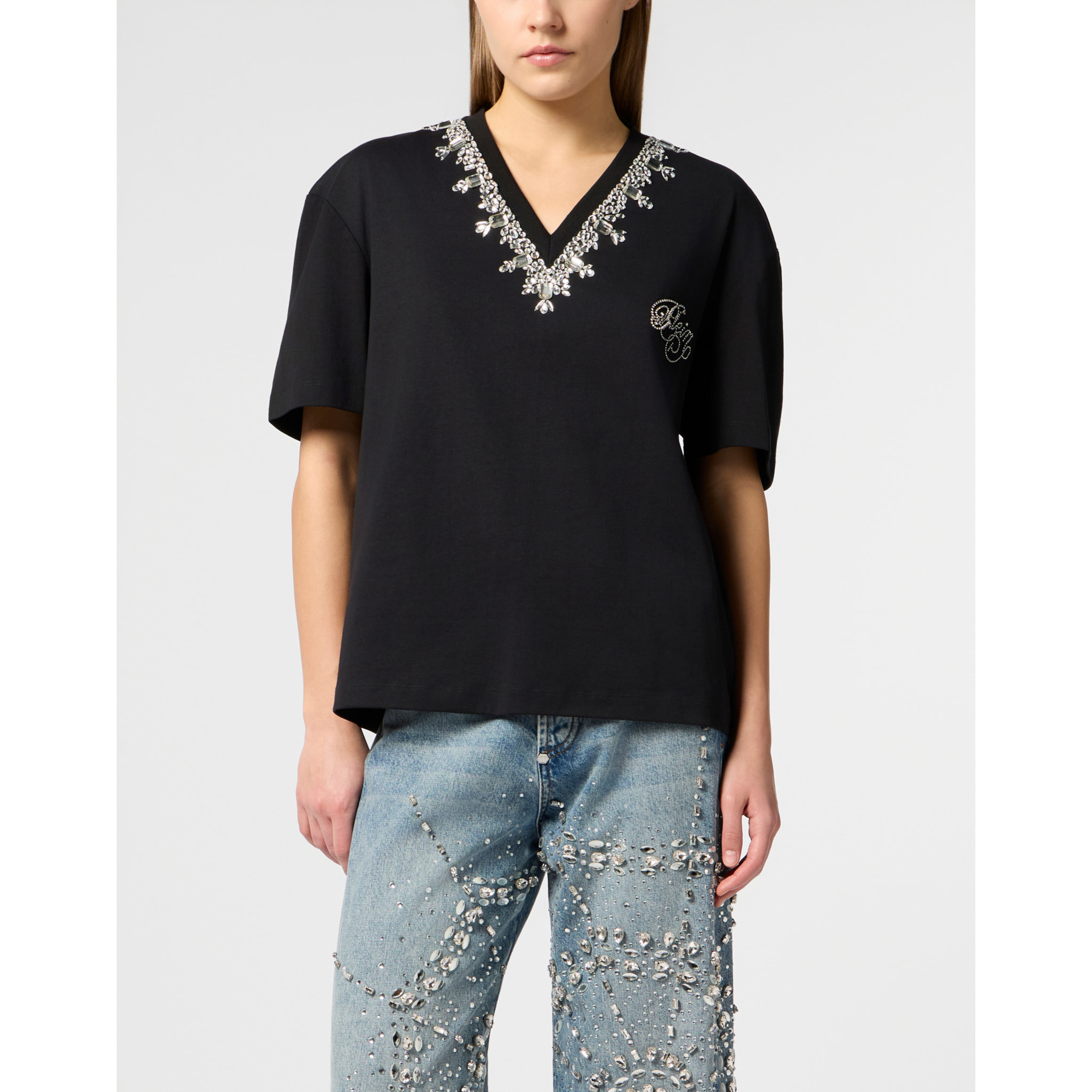 PHILIPP PLEIN Man Fit V-Neck T-Shirt Crystals