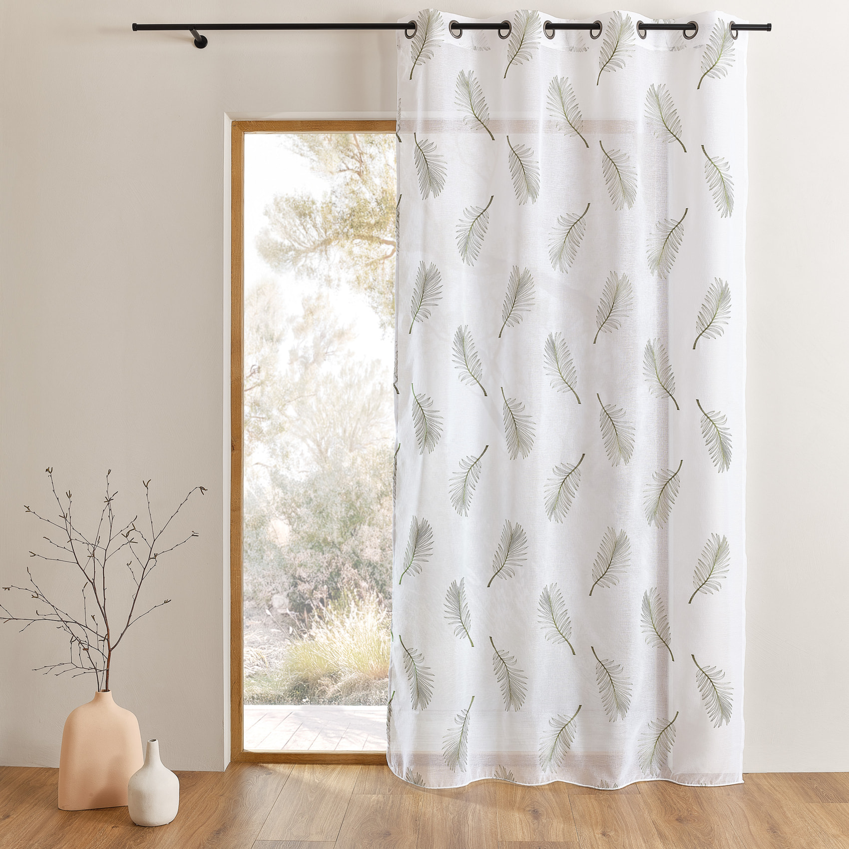 Voilage brodé à motifs feuilles - Kaki