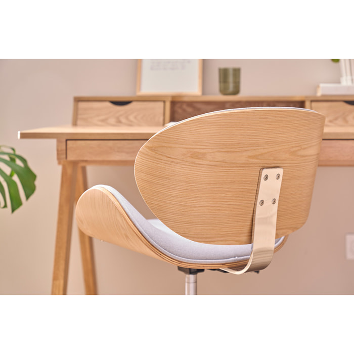 Chaise de bureau à roulettes design en tissu gris clair, bois clair et acier chromé WALNUT
