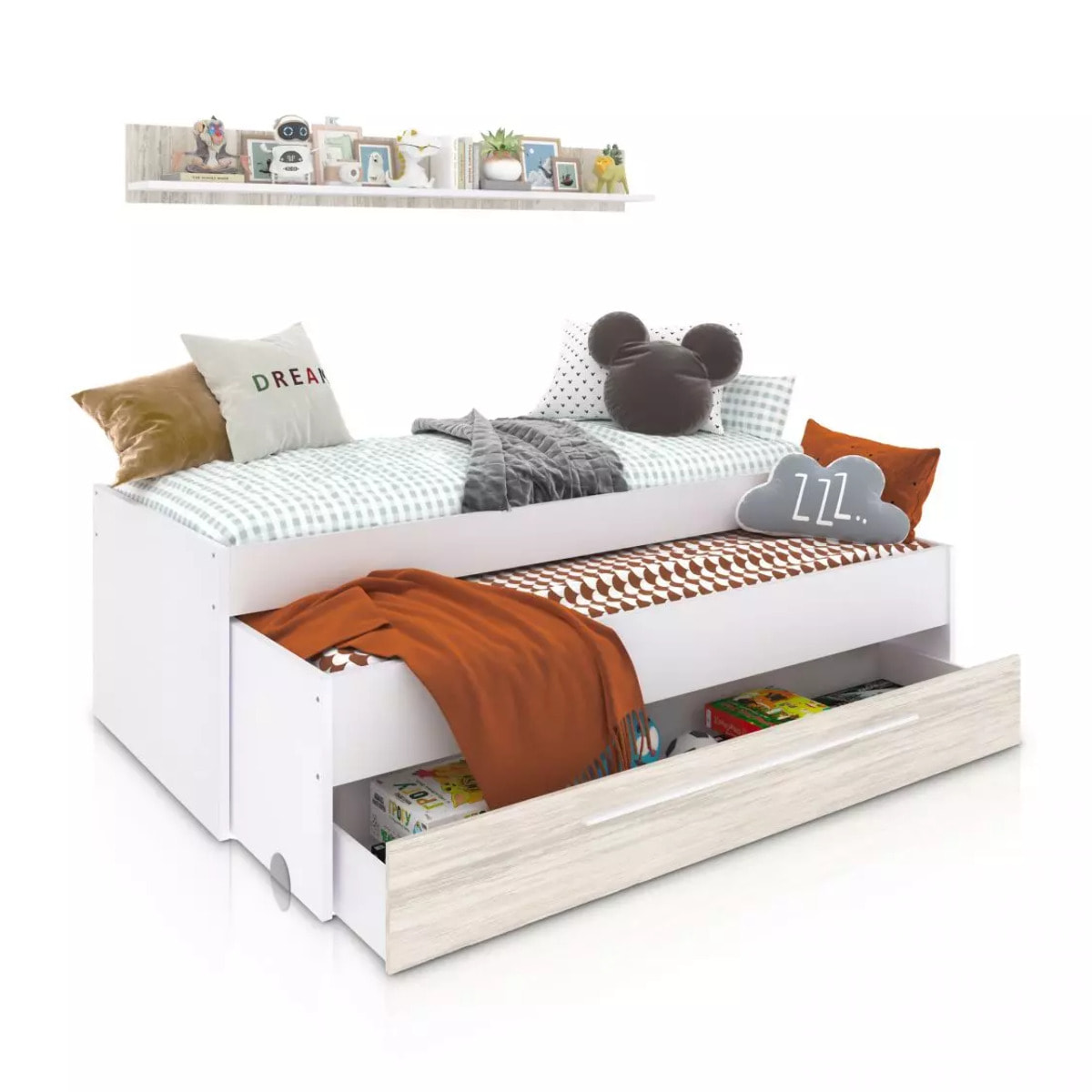 Cama doble juvenil con estante Nuit Blanco Artik (Blanco Mate) – Blanco Velho