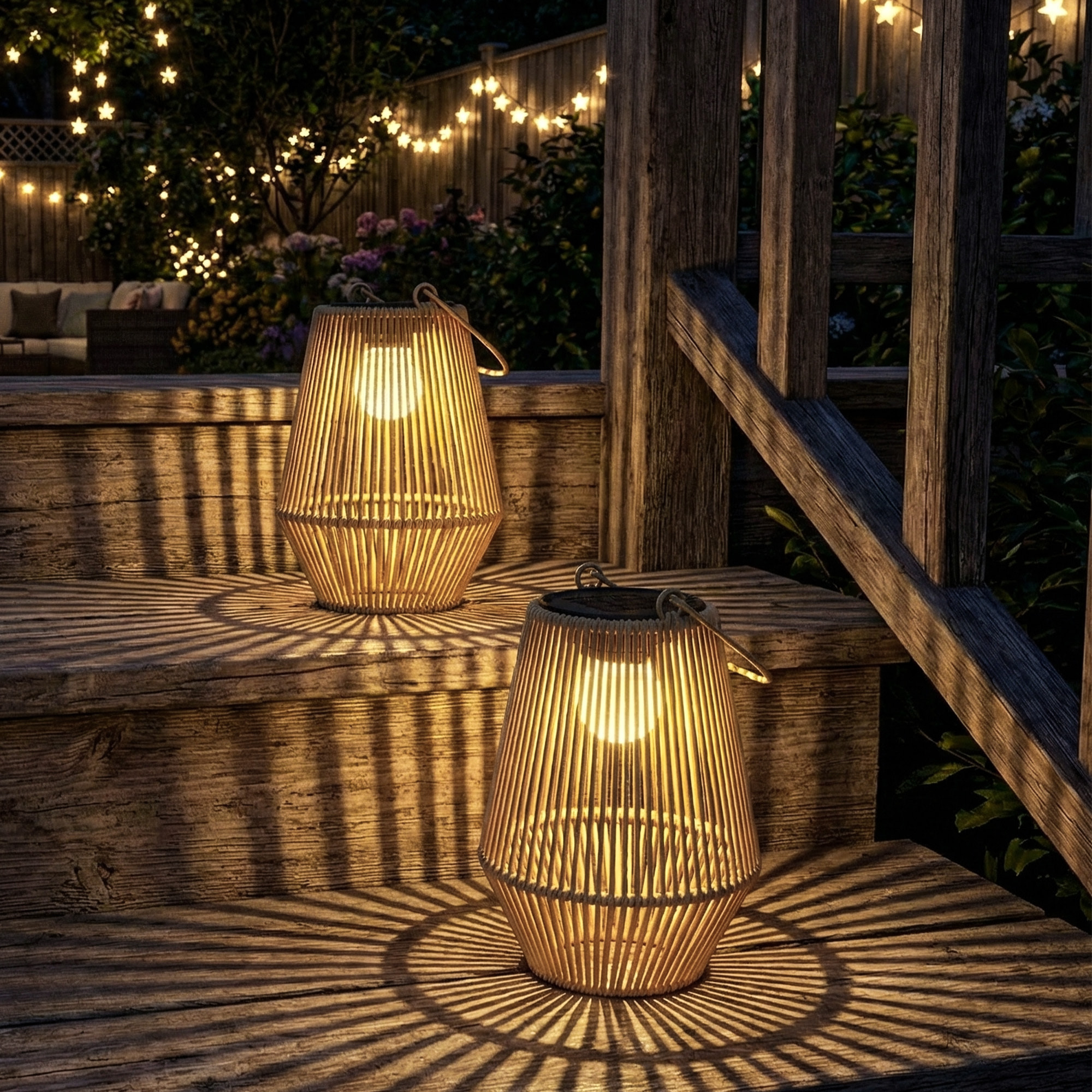 Lot de 2 lanternes LED solaires suspendues de jardin résine filaire effet rotin