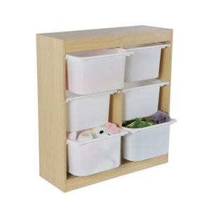 Meuble de rangement enfant. naturel. 6 bacs de rangement en plastique