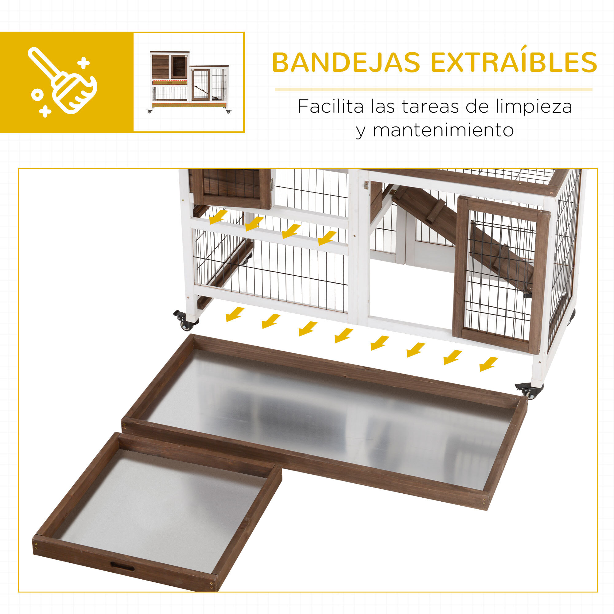 Conejera de Madera Interior con Ruedas Rampa y 2 Bandejas Extraíbles 110x50x86cm