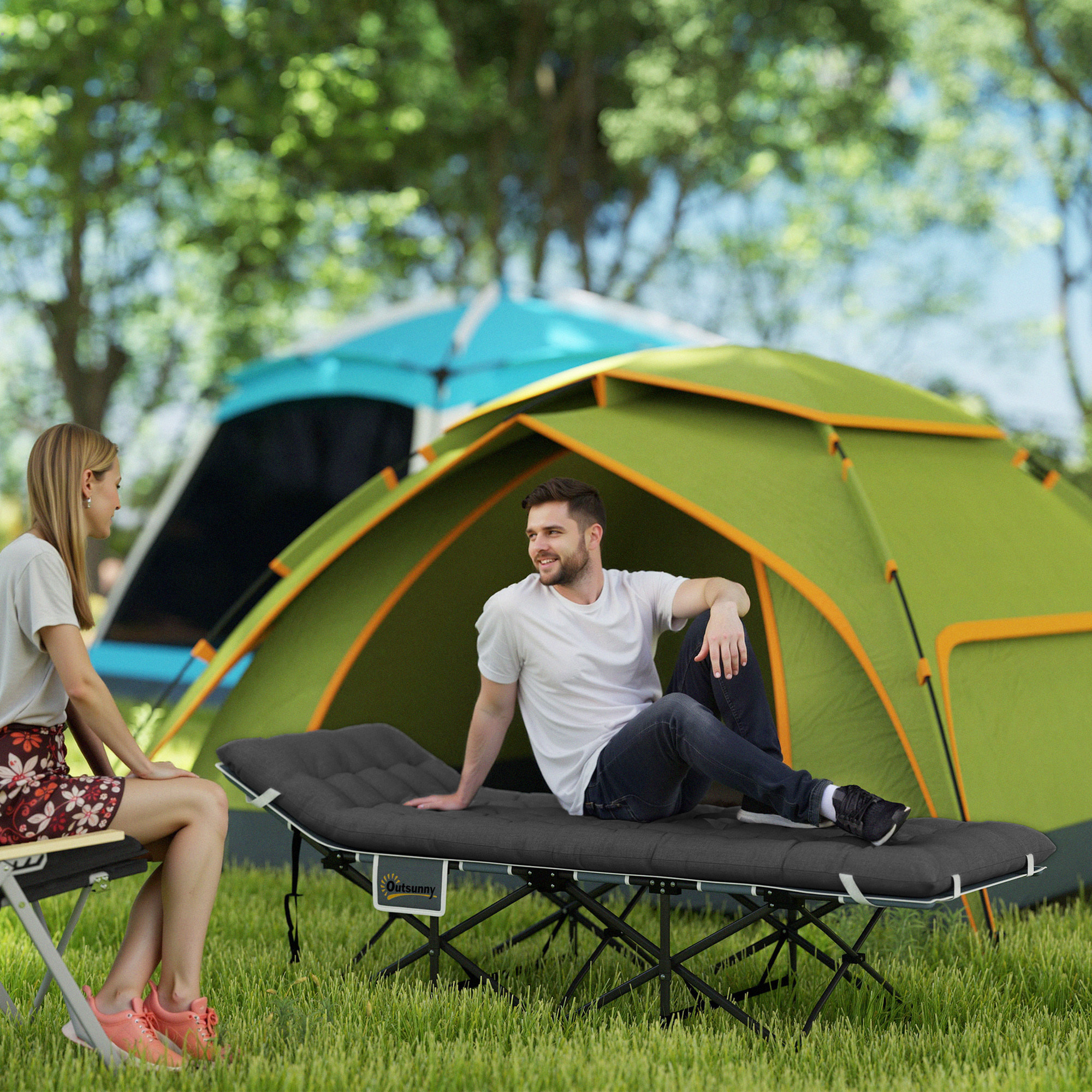 Cama Plegable Camping Cama de Acampada Portátil Tumbona de Camping 600D con Reposacabezas Colchón Extraíble y Bolsa de Transporte Carga 150 kg para Playa Senderismo 186x68x37 cm Negro