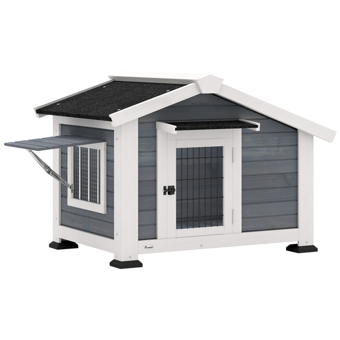 Caseta para Perros Exterior de Madera, Casa para Perros Medianos con Techo Asfático, Suelo Extraíble, Ventana Abatible y Puerta Ventilada, Base Elevada, 98x76x69,5 cm, Gris