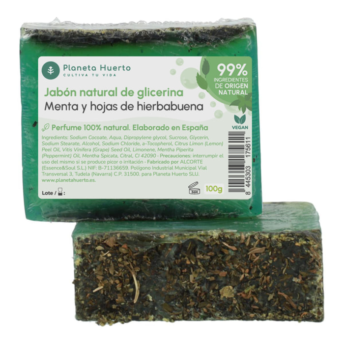 PLANETA HUERTO | Jabón Natural de Glicerina con Menta y Hojas de Hierbabuena 100 g | Refrescante y Energizante | Sensación de Frescor