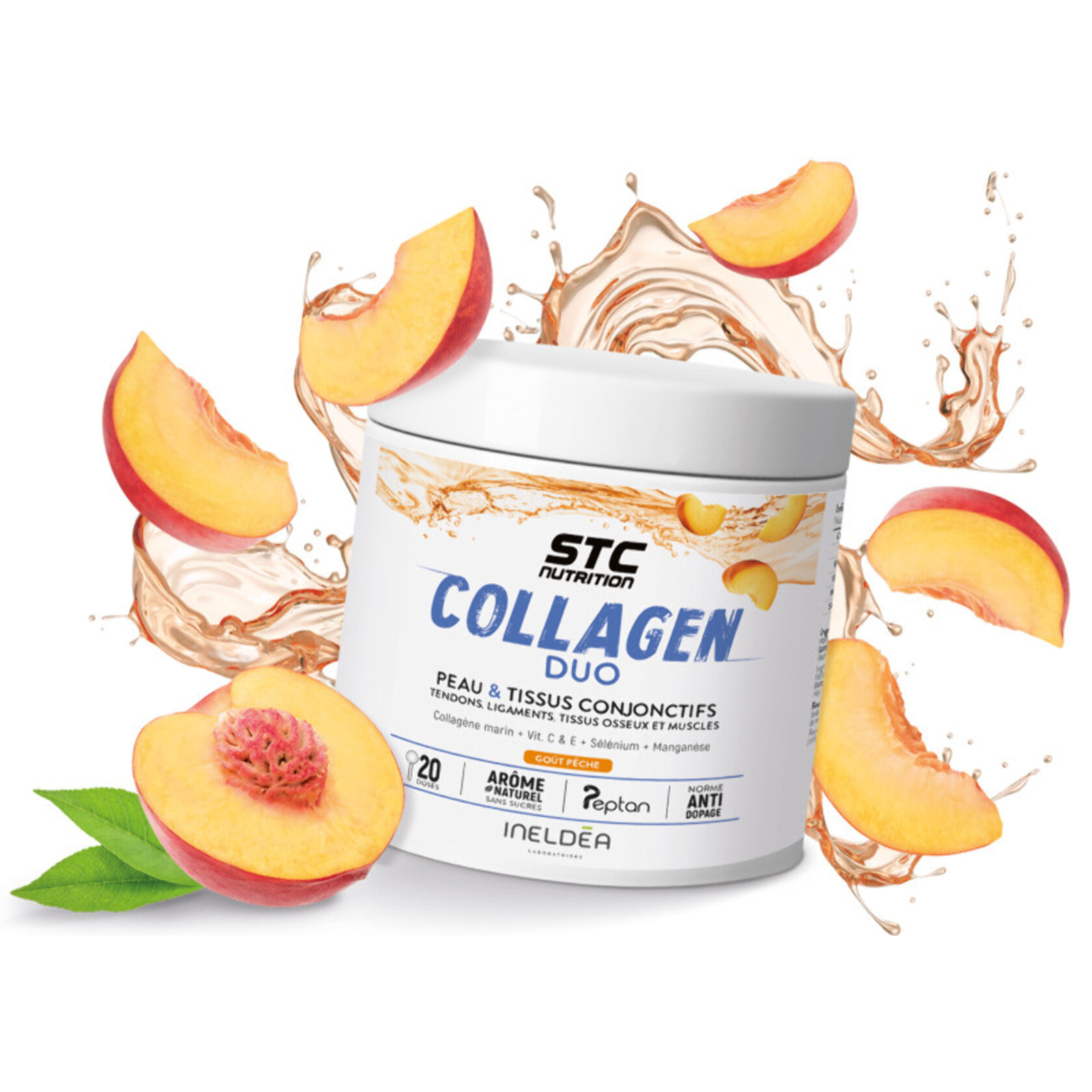 STC NUTRITION - Collagen Duo - Favorise la Santé de la Peau, des Os et des Articulations - Collagène Marin Type I + Vitamines C & E + Sélénium + Manganèse - Arôme naturel de pêche - 3 pots
