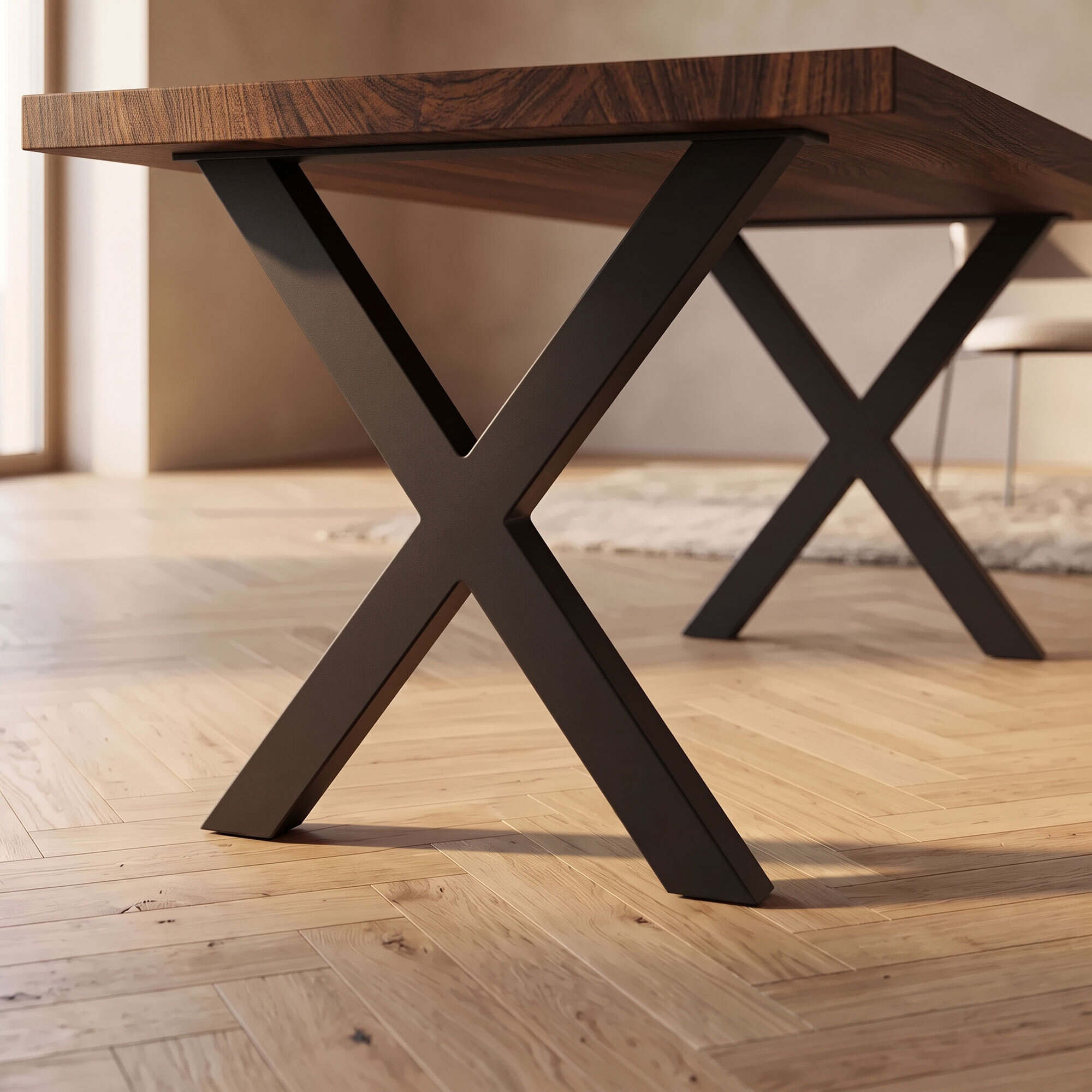 Tavolo da pranzo 220x100cm in legno e metallo con piedi ad "X" e ripiano in colore legno teak